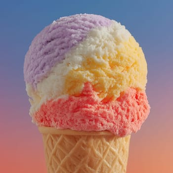 A colorful rainbow sherbet scoop with layers of purple, yellow, and red served in a waffle cone, against a vibrant gradient background.