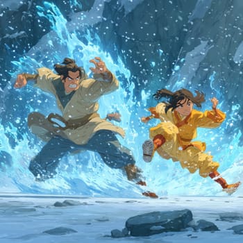 A man and a girl run through snowy terrain, dodging a powerful burst of water and ice in a dynamic, action-packed moment.