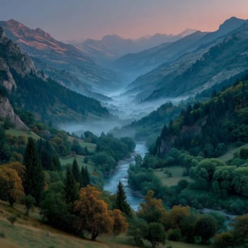 Serene mountain valley with winding river, morning mist, pine forests, and autumn foliage under soft sunrise light.