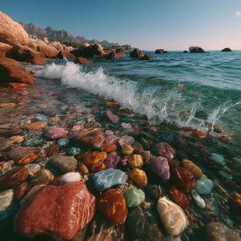 A close-up view of vibrant, multicolored pebbles submerged in clear water, with waves gently lapping the shore and mountains in the distance.