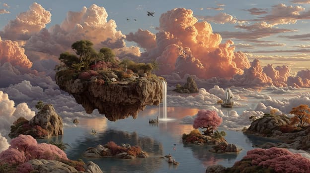 A surreal floating island with waterfalls, vibrant trees, and peaceful water surrounded by clouds, creating a dreamlike, serene landscape.