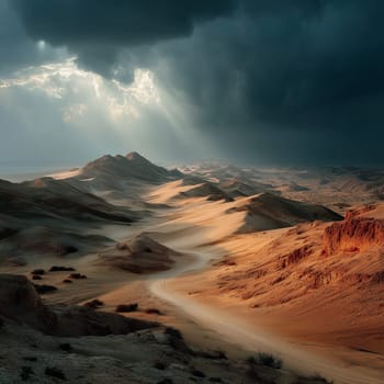 Sunbeams break through dark storm clouds, illuminating rolling sand dunes and rugged terrain in a remote desert under dramatic skies.