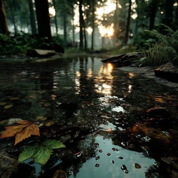 A calm forest stream reflecting the sunset, with autumn leaves and water droplets on the surface, surrounded by lush greenery and trees.
