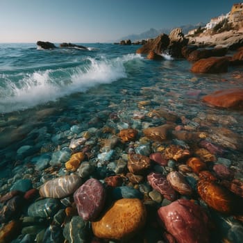 A close-up view of vibrant, colorful pebbles submerged in clear ocean water, with waves gently lapping against rocks and a mountainous coastline in the background.
