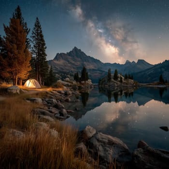 A tent illuminated by warm light sits by a tranquil mountain lake, with the Milky Way shining above and reflecting in the water.
