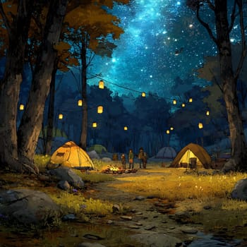 Group of people camping in a forest at night with lit tents, hanging lanterns, and a star-filled sky above.