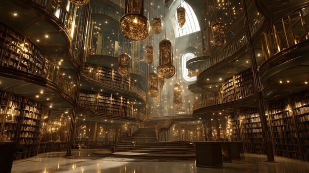 A luxurious library with spiral staircases, glowing golden lights, and expansive bookshelves, creating a majestic and serene atmosphere.