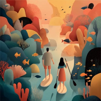 Stylized illustration of a couple paddleboarding in a vibrant aquatic canyon filled with coral, fish, and abstract underwater scenery.