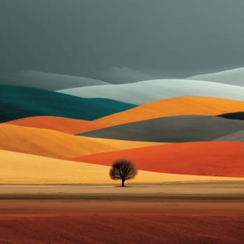 Vibrant multicolored hills in a surreal landscape with a single tree standing in the foreground under a moody sky.