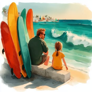 Illustrated scene of a father and daughter sitting together on the beach beside colorful surfboards, watching the sea waves.