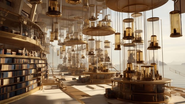 A stunning futuristic library featuring golden bookshelves and floating glass containers, illuminated by soft light and overlooking a serene landscape.
