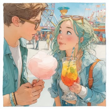 Stylish young couple at a lively fairground sharing cotton candy and a colorful drink. Warm summer vibes with rides and crowds in the background.