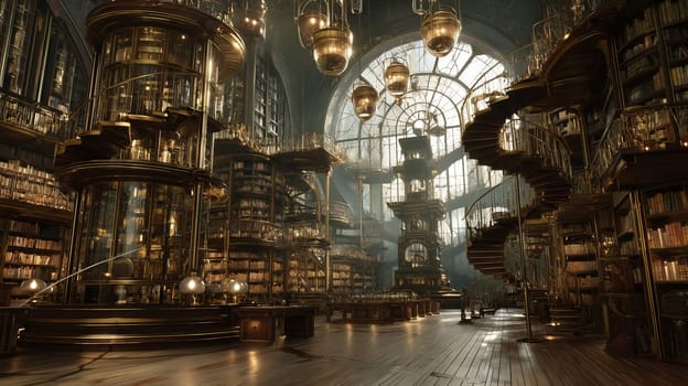 A grand, steampunk-inspired library featuring ornate spiral staircases, glass elevators, and golden bookshelves illuminated by soft light.
