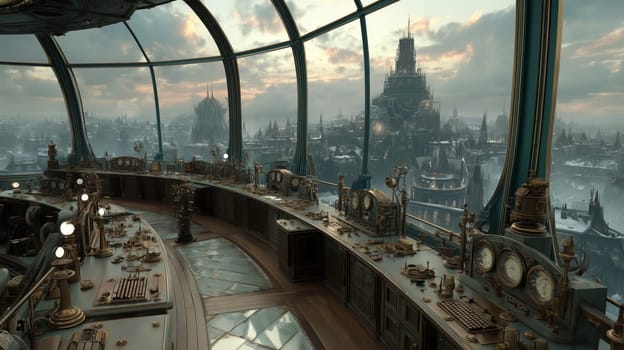 A detailed steampunk control room with vintage machinery, dials, and gauges, offering a breathtaking view of a futuristic city at sunset.