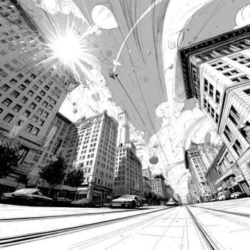 Dynamic black and white drawing of a city street with tall buildings, cars, and a radiant sunburst in a stylized, graphic art style.