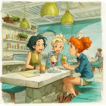 Cheerful illustration of three young women laughing and enjoying desserts and drinks together in a bright, cozy, modern cafe.