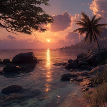 A serene tropical beach at sunset with a palm tree, rocks, and calm water reflecting the warm colors of the sky and sun.
