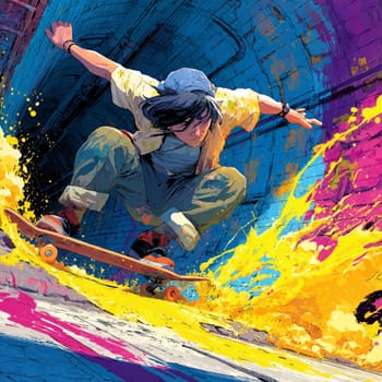 Dynamic illustration of a young skateboarder mid-trick in a tunnel with vibrant yellow and pink paint splashes.