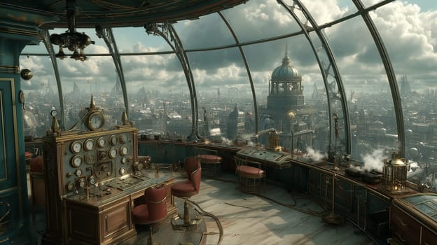 The steampunk airship bridge, with intricate controls and a stunning view of a sprawling cityscape, filled with vintage machinery and brass detailing.