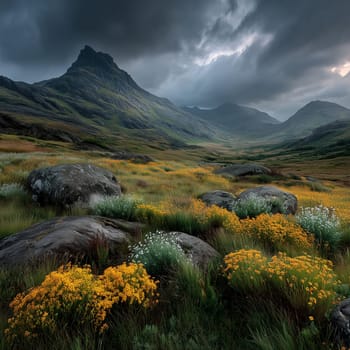 A vibrant alpine meadow with yellow and white wildflowers scattered among rocks, framed by towering mountains beneath a moody overcast sky.