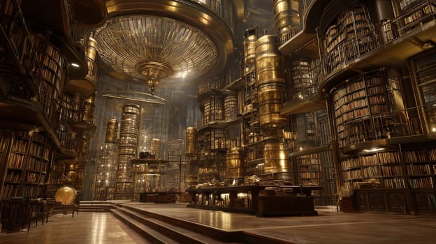 A magnificent steampunk library filled with towering bookshelves, golden accents, and intricate details, illuminated by warm lighting.