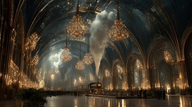 Majestic steam train inside a luxurious glass station with glowing chandeliers and elegant crowd in a steampunk-inspired fantasy setting.