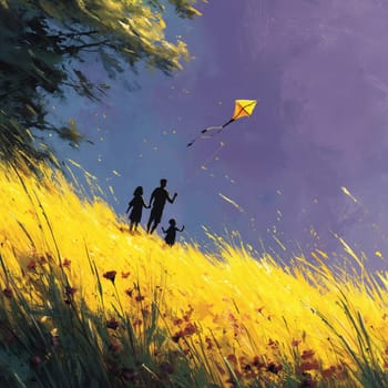 Silhouetted family flying a kite on a hill covered in yellow grass and wildflowers under a colorful sunset sky.