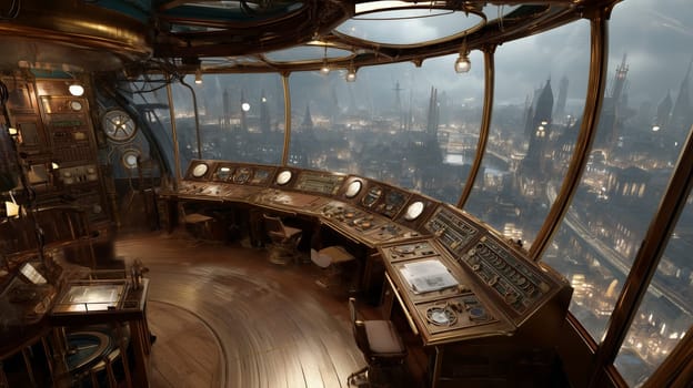 A detailed steampunk-style control room with brass dials and levers, overlooking a glowing city skyline at night.