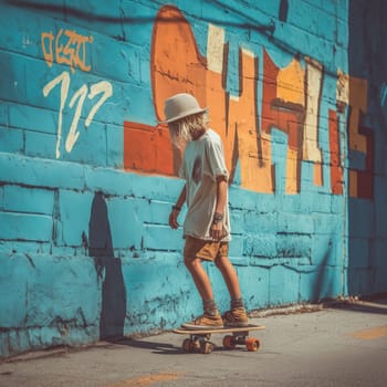 Stylish child in a hat and casual outfit skateboarding along a vibrant urban wall with graffiti art on a sunny day. Youthful street culture and motion.