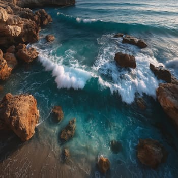 A stunning aerial view of turquoise ocean waves crashing against rocks on a rocky shore, with soft foam and golden light reflecting on the water.