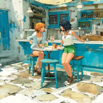 Illustration of two young women enjoying drinks and conversation in a charming seaside cafe with rustic blue decor.