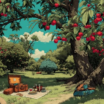 Colorful illustration of a picnic setup beneath a cherry tree with ripe fruit, surrounded by lush green trees, grass, and blue sky.