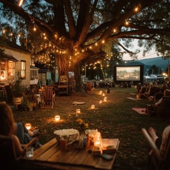 People enjoying an outdoor cinema night with string lights, cozy chairs, and snacks under a large tree at sunset.