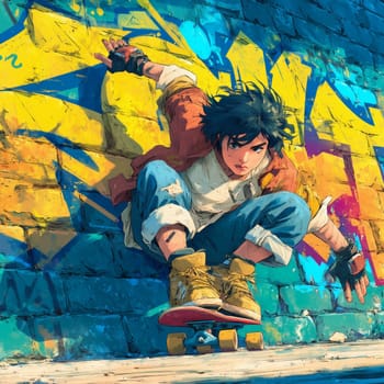 Energetic illustration of a young skater mid-jump on a skateboard, set against a vibrant urban graffiti wall. Bold anime art style with street culture vibe.