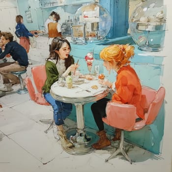 Illustration of two young women chatting over desserts and drinks at a retro-inspired cafe with pastel colors and cozy atmosphere.