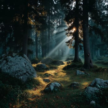 Sunlight breaks through the dense trees, casting beautiful rays across moss-covered rocks and a peaceful forest path, creating a tranquil atmosphere.