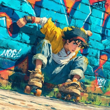 Stylized anime illustration of a dynamic young skater in vintage clothes and roller skates performing a trick in front of a vibrant graffiti-covered brick wall.