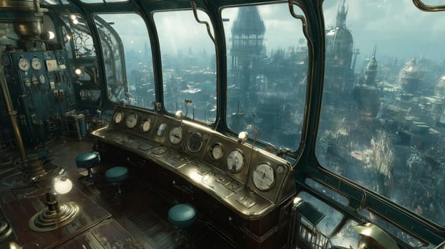 A detailed steampunk control room with dials, gauges, and an intricate view of a futuristic cityscape through large glass windows.