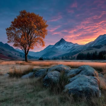 A vibrant orange tree stands near mossy rocks in a grassy valley with a snow-dusted mountain and colorful sunrise sky in the background.