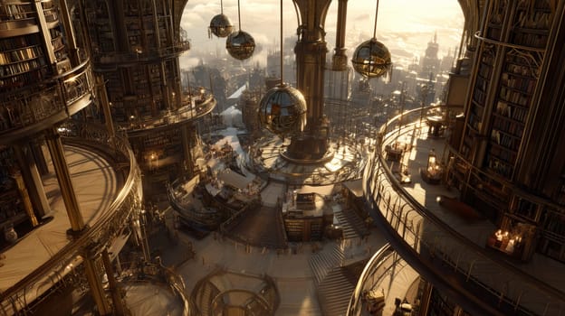 A grand steampunk library featuring golden spheres, spiral staircases, and large bookshelves, illuminated by warm sunlight in a futuristic setting.