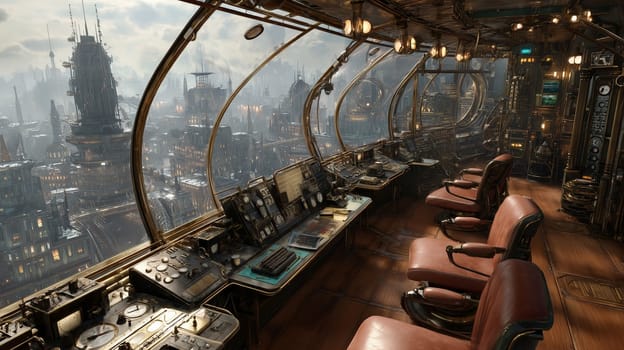 The interior of a steampunk airship cockpit with intricate controls, leather chairs, and a breathtaking view of a futuristic city skyline.