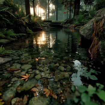 A tranquil forest stream with autumn leaves floating on the water, sunlight reflecting off the surface, surrounded by lush greenery and rocks.