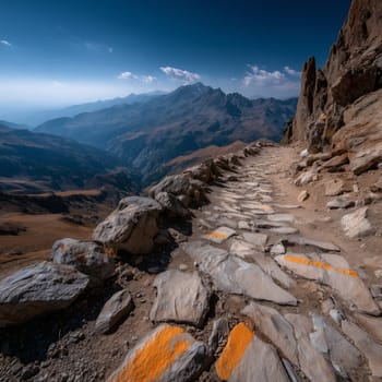 High-altitude stone trail with orange route markers winding along a mountain ridge with panoramic views of peaks and valleys.