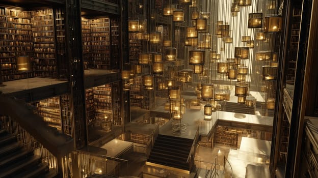 A stunning futuristic library with towering bookshelves and glowing golden jars suspended in the air, creating a mesmerizing, serene atmosphere.