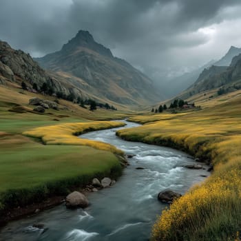 A winding river flows through a lush green and yellow valley surrounded by mountains under dramatic cloudy skies in a remote alpine landscape.