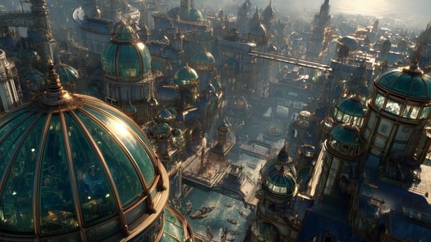 Majestic fantasy cityscape featuring ornate glass domes, bridges, and waterways with boats, bathed in golden sunset light and intricate architectural details.