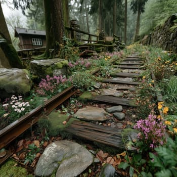 Old, broken railway tracks overgrown with moss, stones, and colorful wildflowers in a misty forest with a wooden cabin in the background.