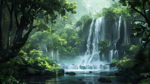 Majestic waterfall cascades into a calm jungle pool, with mist, lush greenery, and flying birds creating a serene tropical rainforest atmosphere.