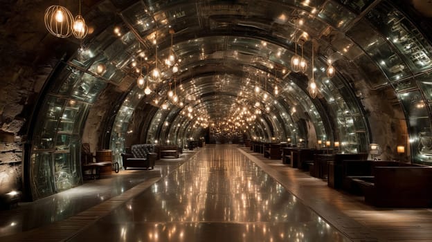 Luxurious tunnel interior with reflective glass walls, warm pendant lighting, and cozy seating areas. Stylish futuristic design with lounge ambiance.