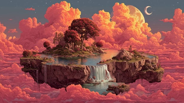 A dreamy floating island with waterfalls, lush trees, and a serene pool, surrounded by vibrant clouds and a crescent moon in the sky.